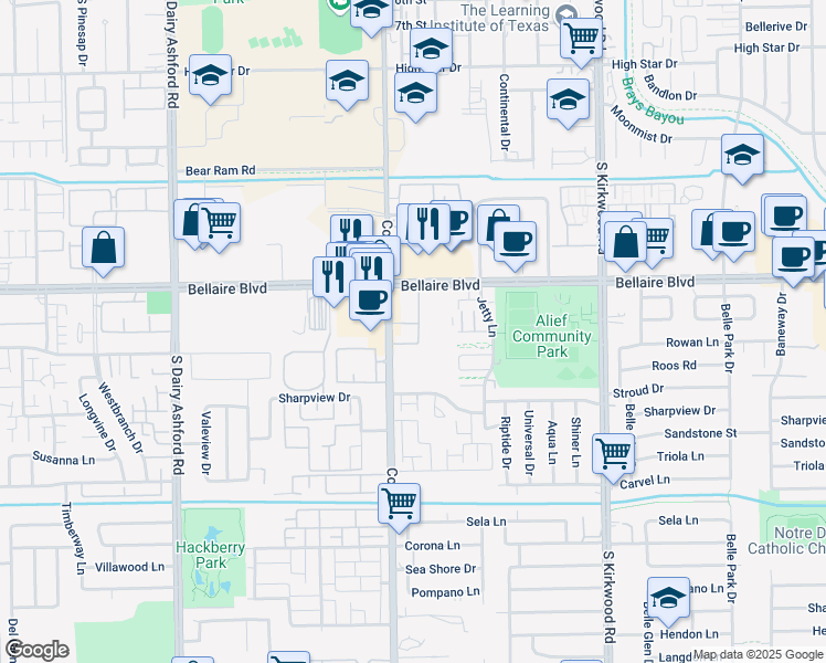 map of restaurants, bars, coffee shops, grocery stores, and more near 6819 Cook Road in Houston