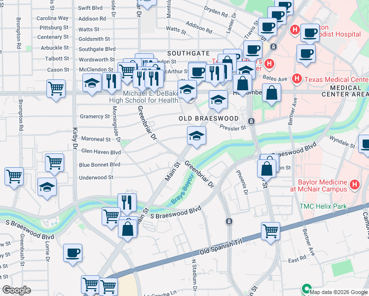 map of restaurants, bars, coffee shops, grocery stores, and more near in Houston