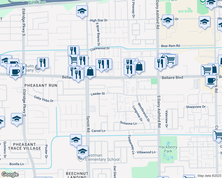 map of restaurants, bars, coffee shops, grocery stores, and more near 13046 Leader Street in Houston