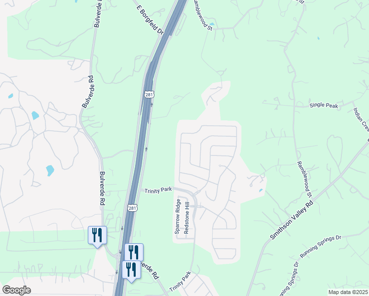 map of restaurants, bars, coffee shops, grocery stores, and more near 27022 Trinity Point in San Antonio