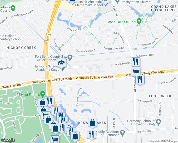 map of restaurants, bars, coffee shops, grocery stores, and more near 22107 Grand Corner Drive in Katy