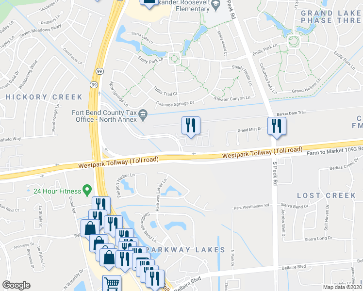 map of restaurants, bars, coffee shops, grocery stores, and more near 22106 Grand Corner Drive in Katy