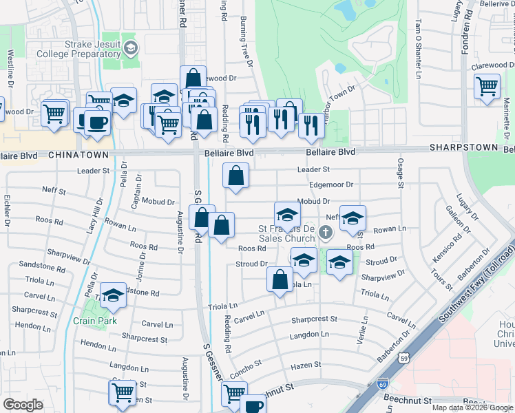 map of restaurants, bars, coffee shops, grocery stores, and more near 8410 Neff Street in Houston