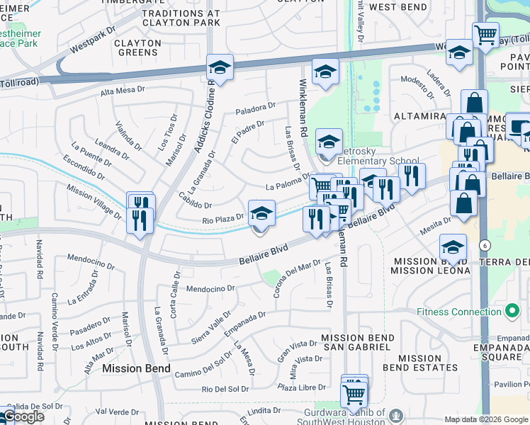 map of restaurants, bars, coffee shops, grocery stores, and more near 15307 Rio Plaza Drive in Houston