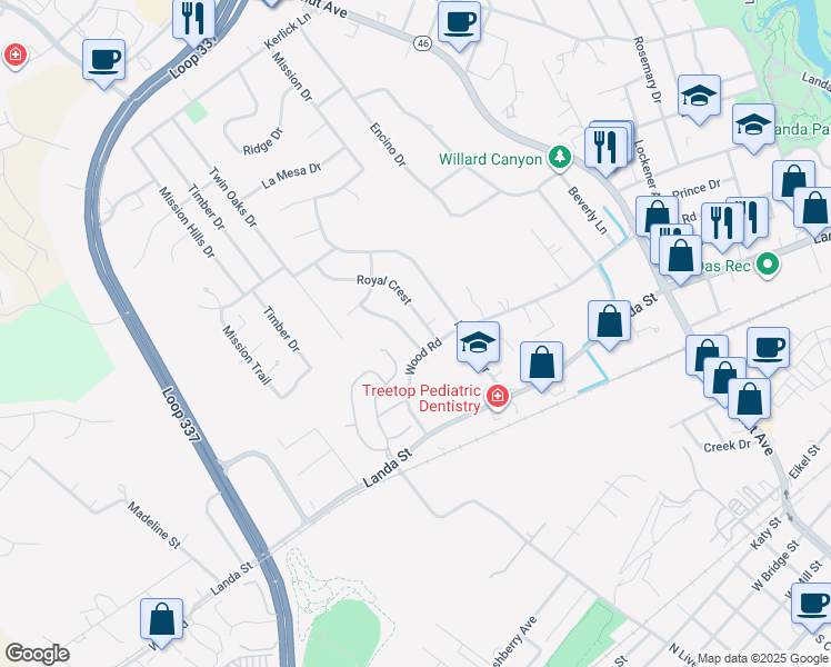 map of restaurants, bars, coffee shops, grocery stores, and more near 734 Hidden View Street in New Braunfels
