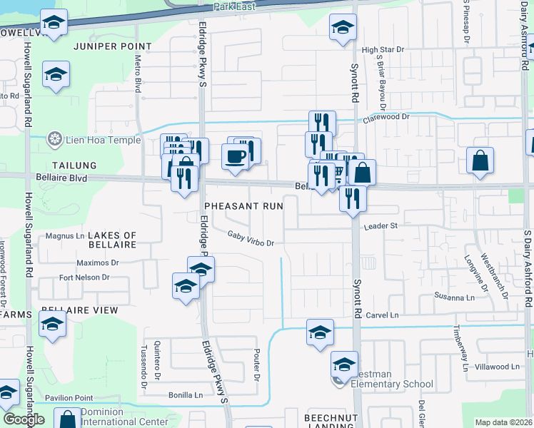 map of restaurants, bars, coffee shops, grocery stores, and more near 6926 Pouter Drive in Houston