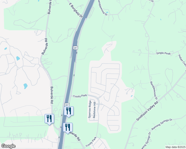 map of restaurants, bars, coffee shops, grocery stores, and more near 27022 Trinity Point in San Antonio
