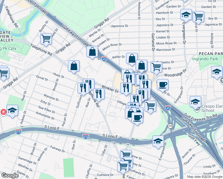 map of restaurants, bars, coffee shops, grocery stores, and more near 2840 Plum Creek Lane in Houston