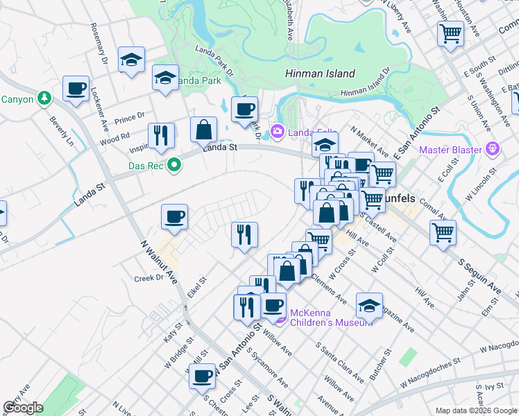 map of restaurants, bars, coffee shops, grocery stores, and more near 474 North Guenther Avenue in New Braunfels