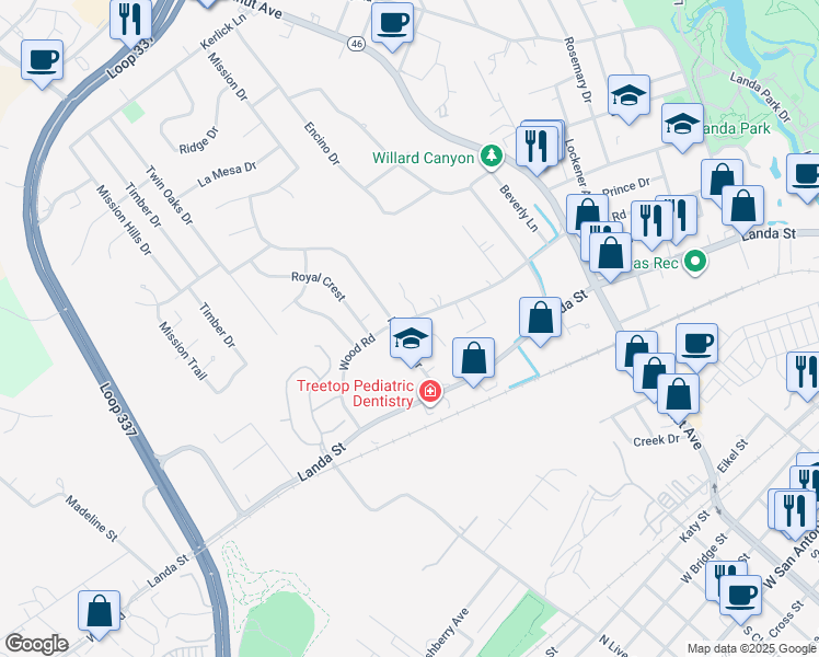 map of restaurants, bars, coffee shops, grocery stores, and more near 1013 Mission Drive in New Braunfels