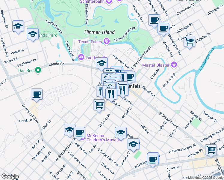 map of restaurants, bars, coffee shops, grocery stores, and more near 125 North Castell Avenue in New Braunfels