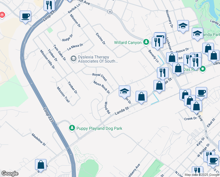 map of restaurants, bars, coffee shops, grocery stores, and more near 42 Royal Crest in New Braunfels