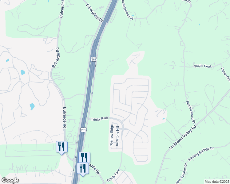 map of restaurants, bars, coffee shops, grocery stores, and more near 27046 Trinity Heights in San Antonio