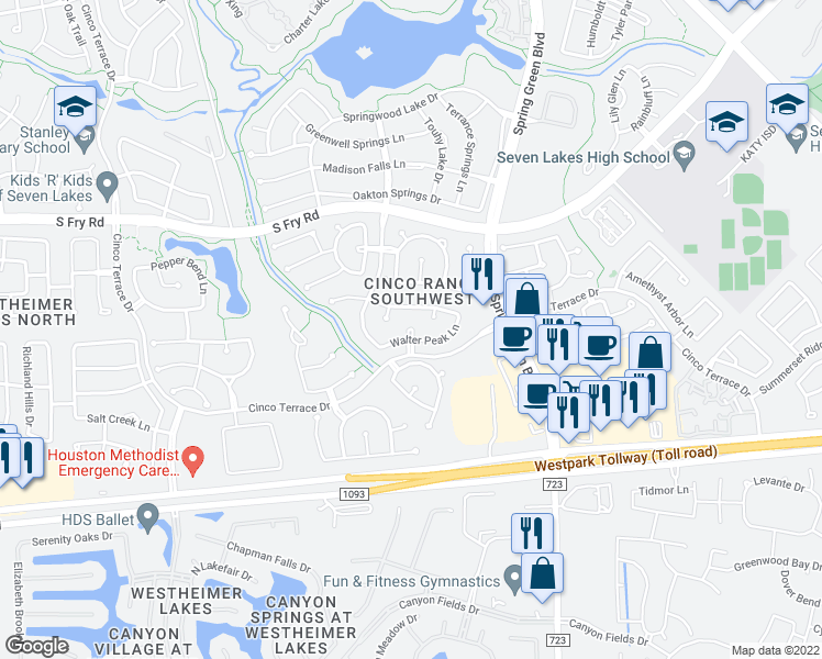 map of restaurants, bars, coffee shops, grocery stores, and more near 9907 Orchid Spring Lane in Katy