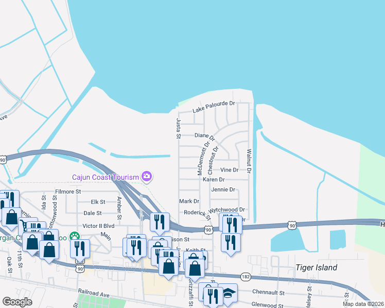 map of restaurants, bars, coffee shops, grocery stores, and more near 1308 McDermott Drive in Morgan City