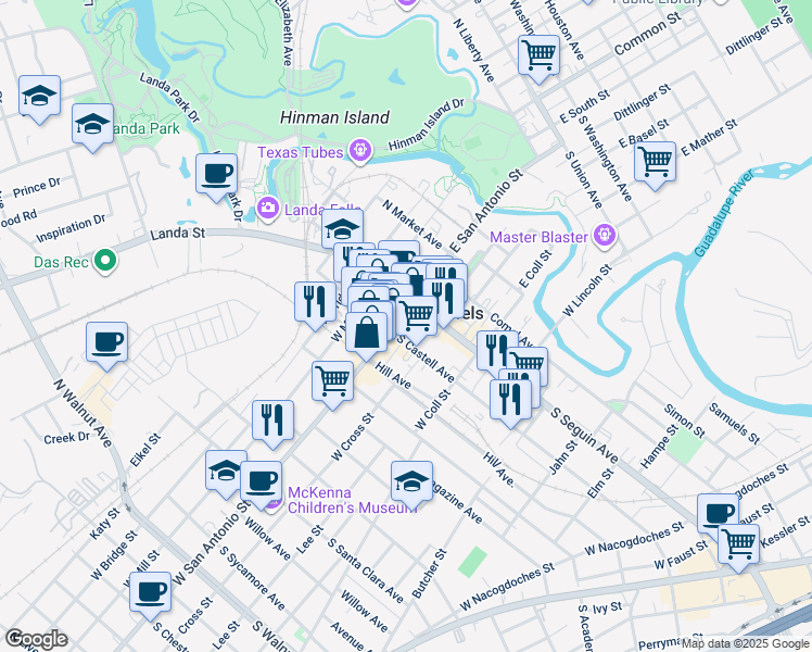 map of restaurants, bars, coffee shops, grocery stores, and more near 223 West San Antonio Street in New Braunfels