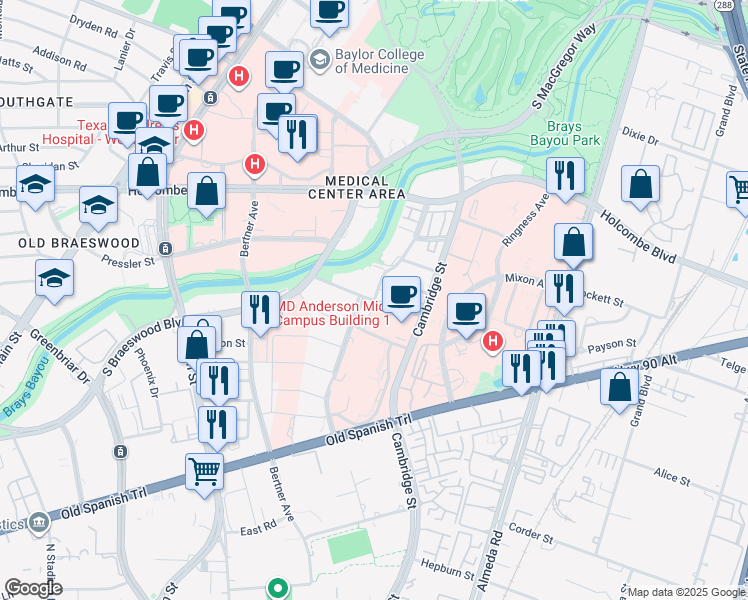 map of restaurants, bars, coffee shops, grocery stores, and more near 1899 Wyndale Street in Houston