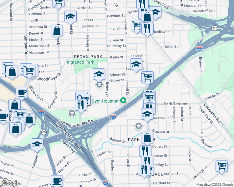 map of restaurants, bars, coffee shops, grocery stores, and more near 2639 Metcalf Street in Houston