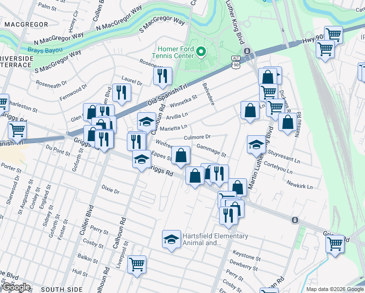 map of restaurants, bars, coffee shops, grocery stores, and more near 4902 Winfree Drive in Houston