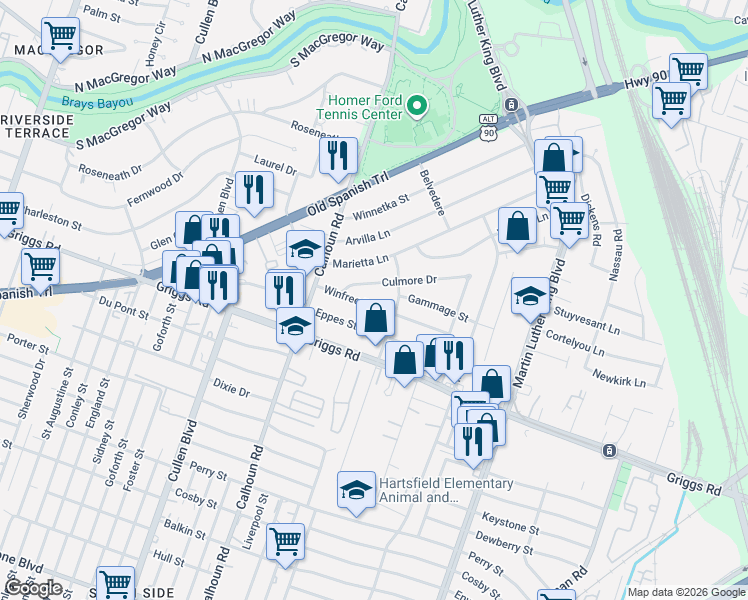 map of restaurants, bars, coffee shops, grocery stores, and more near 4807 Eppes Street in Houston