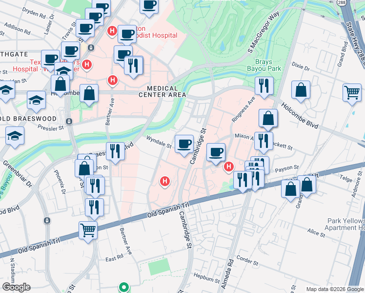 map of restaurants, bars, coffee shops, grocery stores, and more near 1927 Wyndale Street in Houston