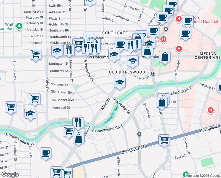map of restaurants, bars, coffee shops, grocery stores, and more near in Houston