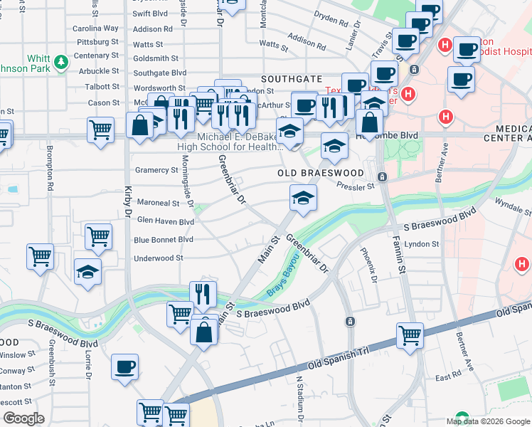 map of restaurants, bars, coffee shops, grocery stores, and more near 2309 Blue Bonnet Boulevard in Houston