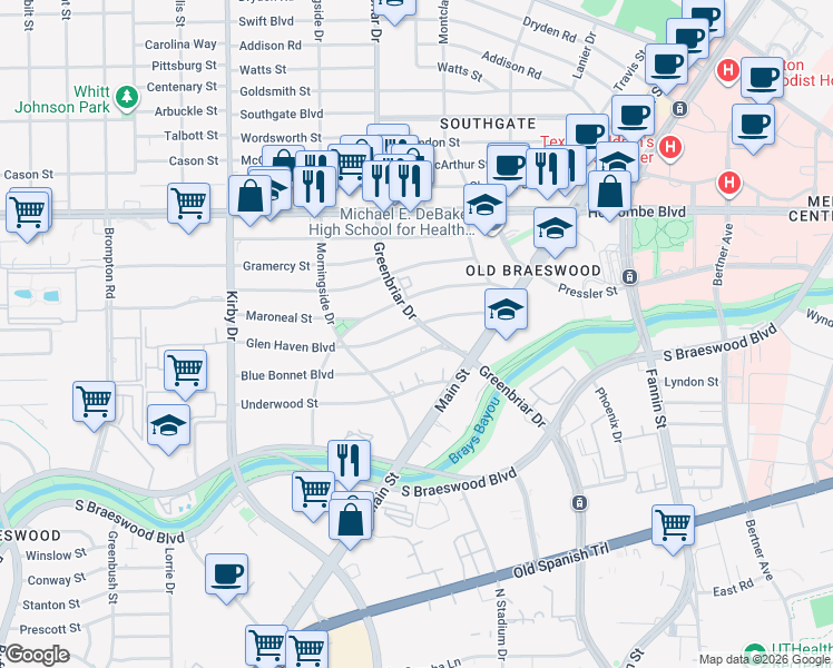 map of restaurants, bars, coffee shops, grocery stores, and more near 2309 Blue Bonnet Boulevard in Houston