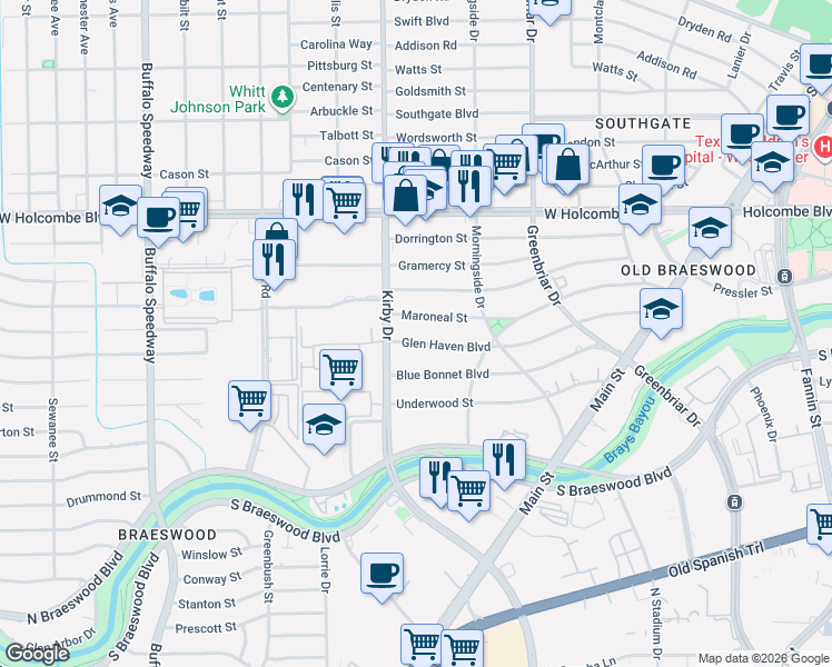map of restaurants, bars, coffee shops, grocery stores, and more near 2503 Glen Haven Boulevard in Houston