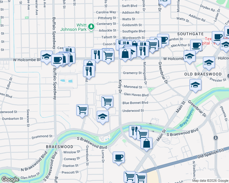 map of restaurants, bars, coffee shops, grocery stores, and more near 2728 East Glen Haven Boulevard in Houston
