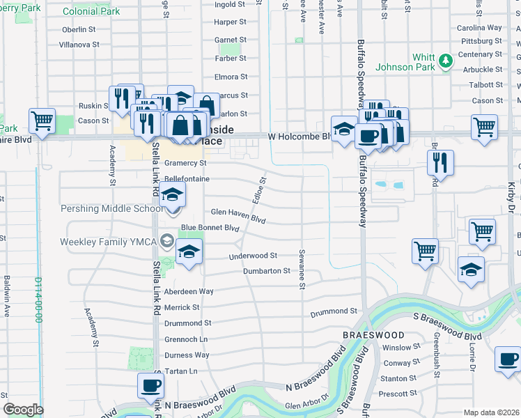 map of restaurants, bars, coffee shops, grocery stores, and more near 3634 Glen Haven Boulevard in Houston