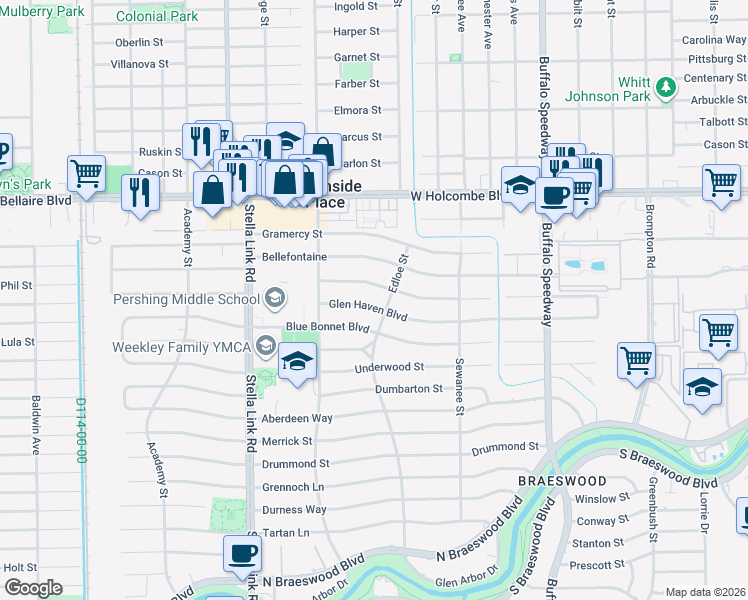 map of restaurants, bars, coffee shops, grocery stores, and more near 3703 Glen Haven Boulevard in Houston