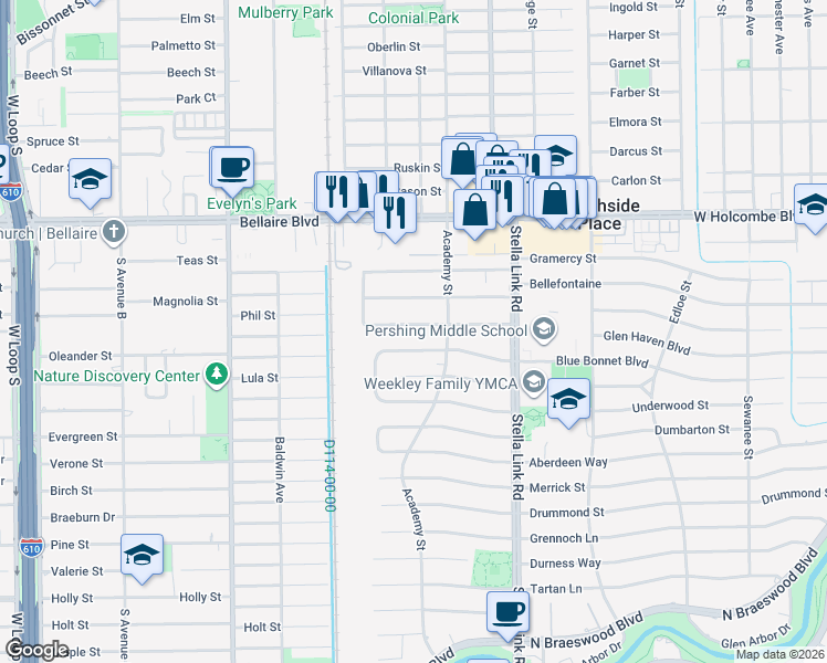 map of restaurants, bars, coffee shops, grocery stores, and more near 4110 Blue Bonnet Boulevard in Houston