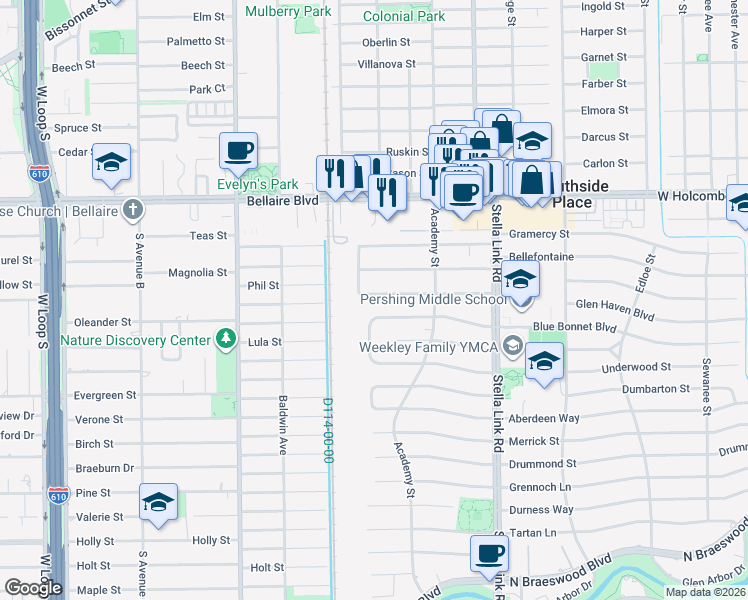 map of restaurants, bars, coffee shops, grocery stores, and more near 4138 Blue Bonnet Boulevard in Houston