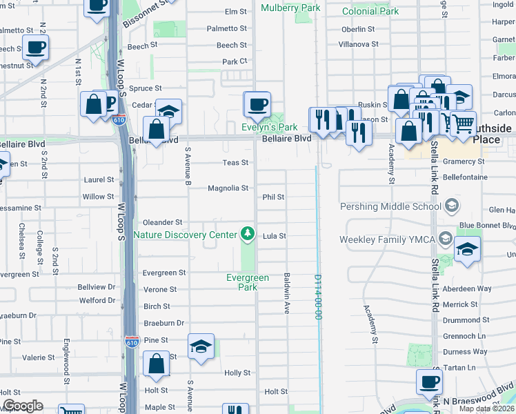 map of restaurants, bars, coffee shops, grocery stores, and more near 4440 Oleander Street in Bellaire
