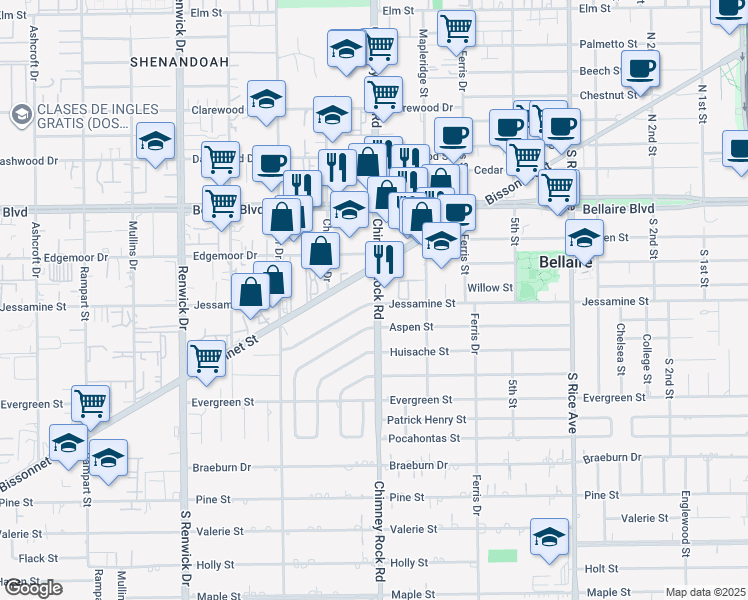 map of restaurants, bars, coffee shops, grocery stores, and more near 5503 Jessamine Street in Houston