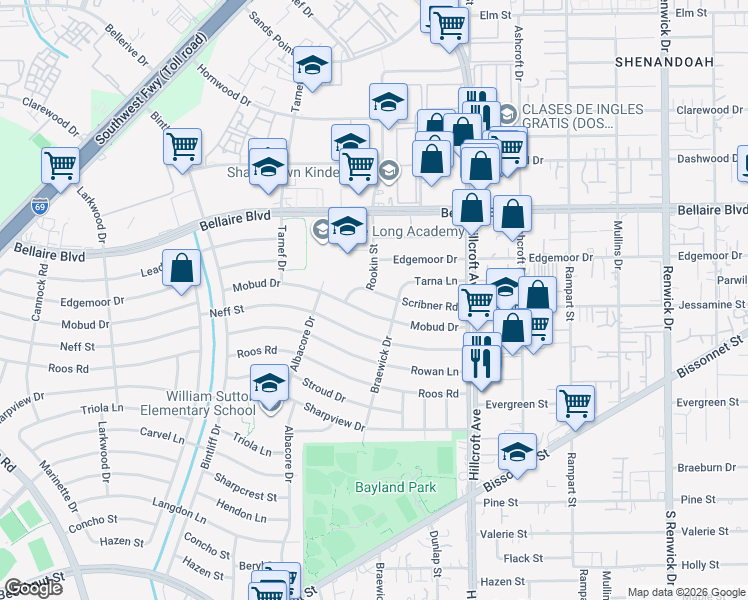 map of restaurants, bars, coffee shops, grocery stores, and more near 6521 Mobud Drive in Houston