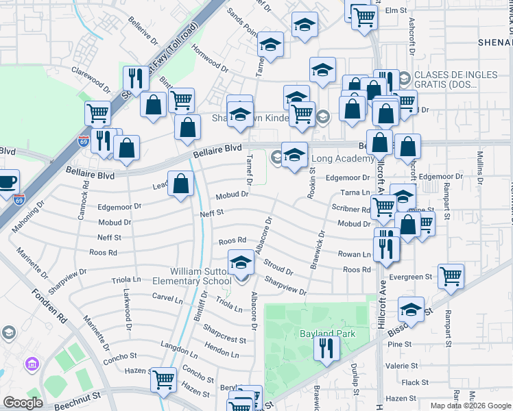 map of restaurants, bars, coffee shops, grocery stores, and more near 6709 Neff Street in Houston
