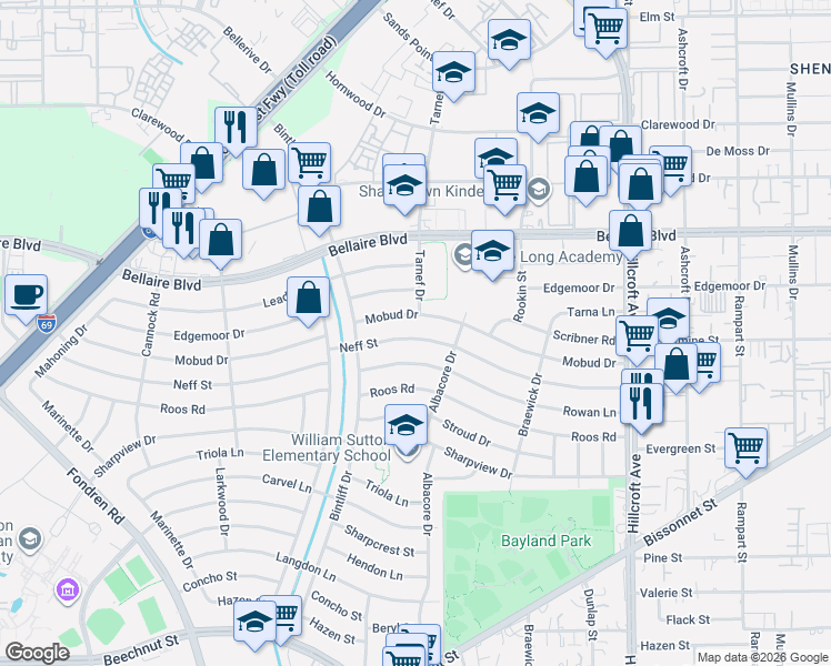 map of restaurants, bars, coffee shops, grocery stores, and more near 6813 Neff Street in Houston