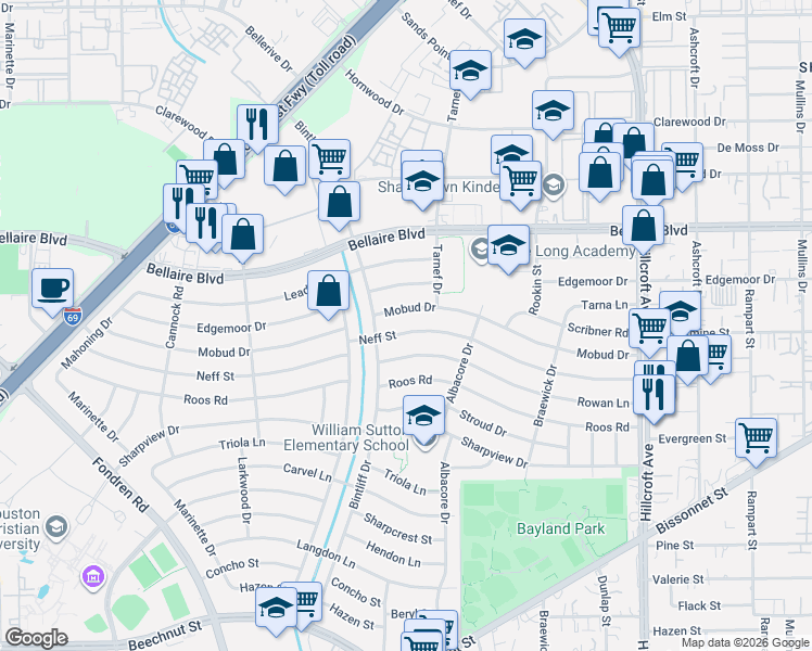 map of restaurants, bars, coffee shops, grocery stores, and more near 6813 Neff Street in Houston