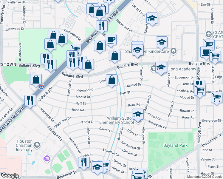 map of restaurants, bars, coffee shops, grocery stores, and more near 6919 Mobud Drive in Houston