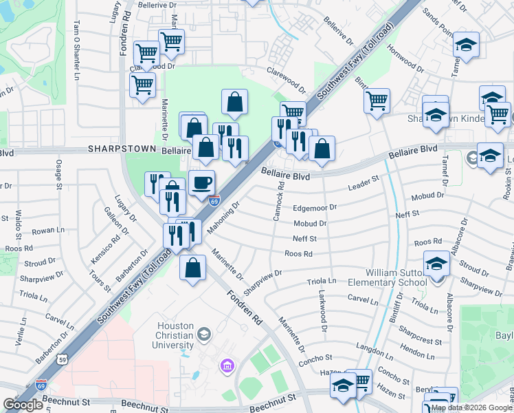 map of restaurants, bars, coffee shops, grocery stores, and more near 7214 Mobud Drive in Houston