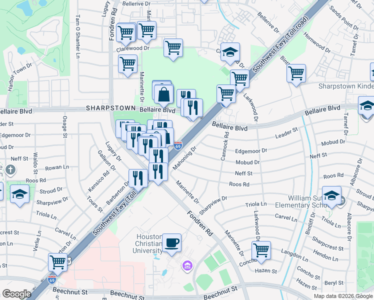 map of restaurants, bars, coffee shops, grocery stores, and more near 7210 Mahoning Drive in Houston