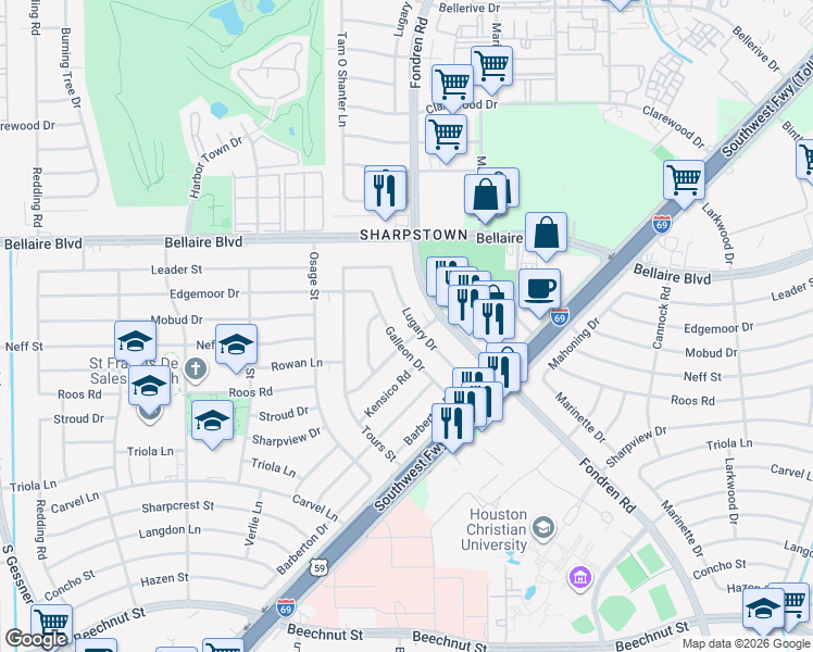 map of restaurants, bars, coffee shops, grocery stores, and more near 7203 Galleon Drive in Houston