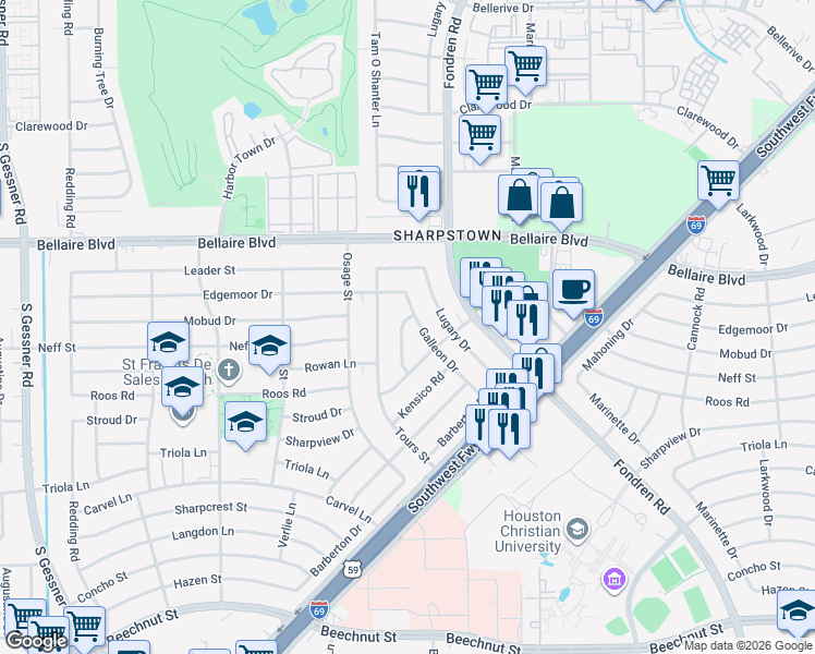 map of restaurants, bars, coffee shops, grocery stores, and more near 7127 Walkway Street in Houston