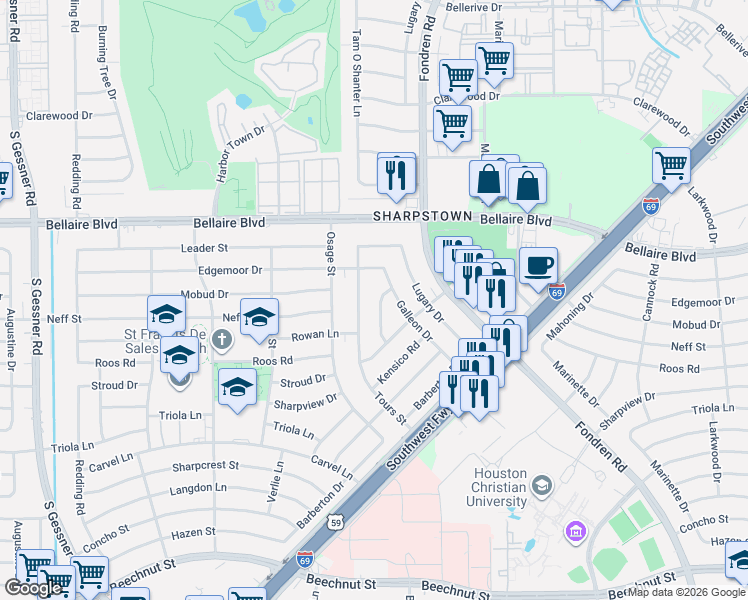 map of restaurants, bars, coffee shops, grocery stores, and more near 7127 Walkway Street in Houston