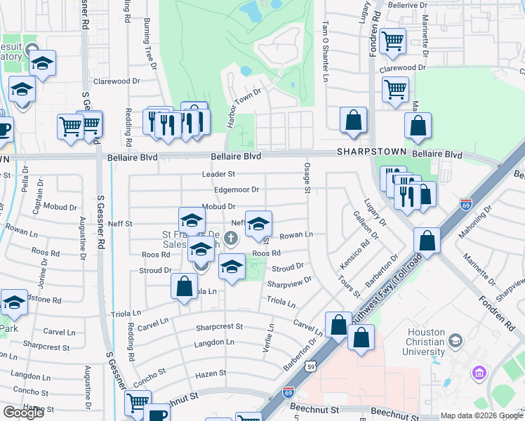 map of restaurants, bars, coffee shops, grocery stores, and more near 8018 Neff Street in Houston