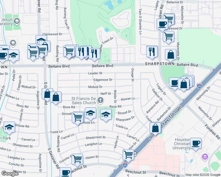 map of restaurants, bars, coffee shops, grocery stores, and more near 8118 Neff Street in Houston