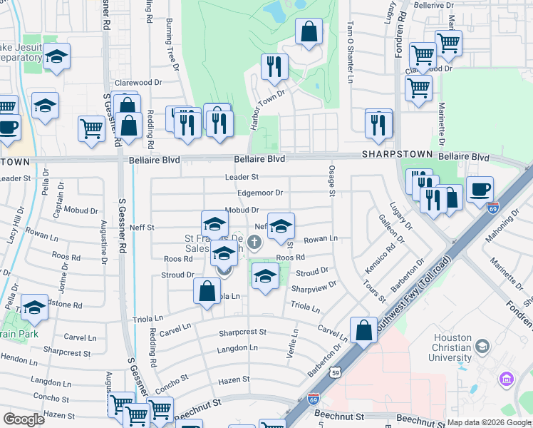 map of restaurants, bars, coffee shops, grocery stores, and more near 8118 Neff Street in Houston