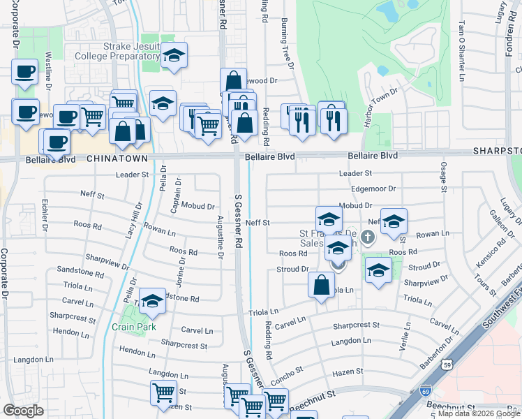 map of restaurants, bars, coffee shops, grocery stores, and more near 7206 Redding Road in Houston